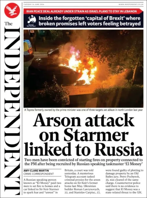 Portada de The Independent del martes, 16 de junio de 2026
