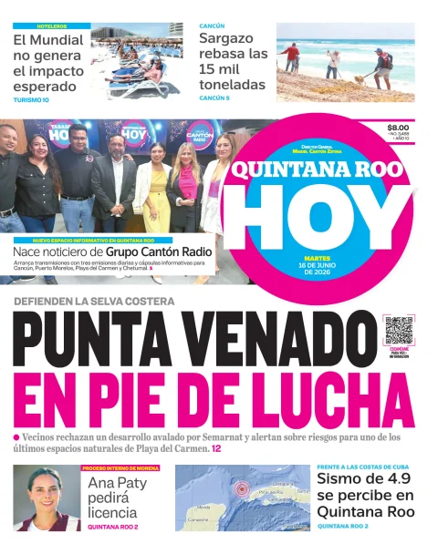 Portada de Quintana Roo Hoy (portada) del martes, 16 de junio de 2026