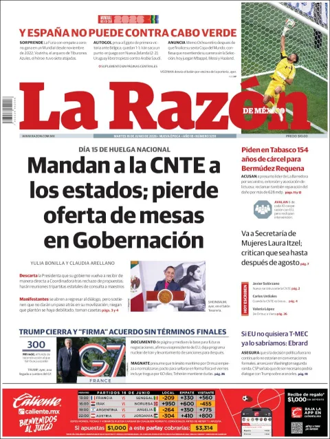 Portada de La Razon del martes, 16 de junio de 2026
