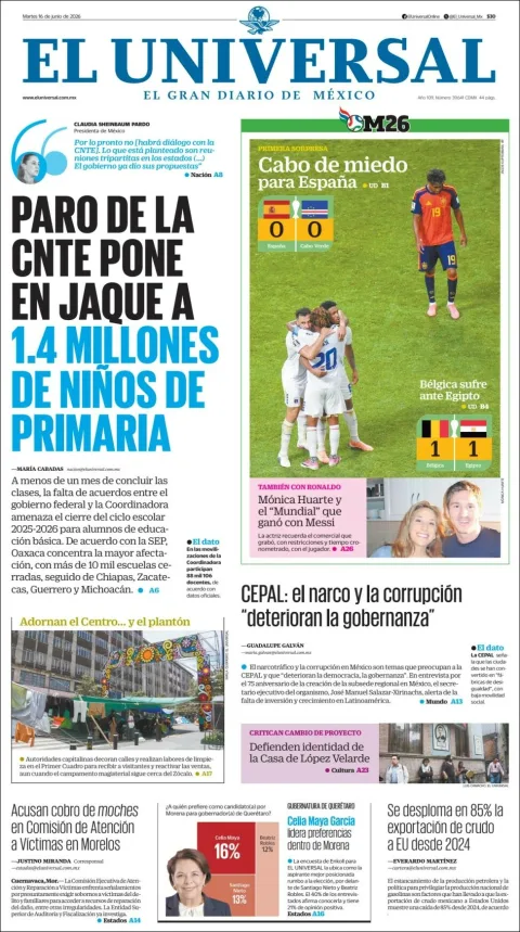 Portada de El Universal del martes, 16 de junio de 2026