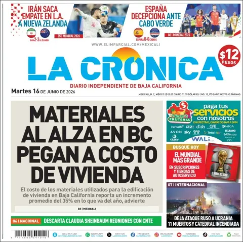 Portada de La Cronica del martes, 16 de junio de 2026