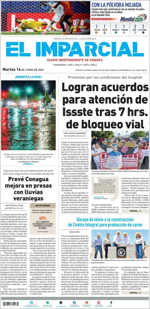 Portada de El Imparcial del martes, 16 de junio de 2026