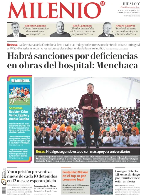 Portada de Milenio Hidalgo del martes, 16 de junio de 2026