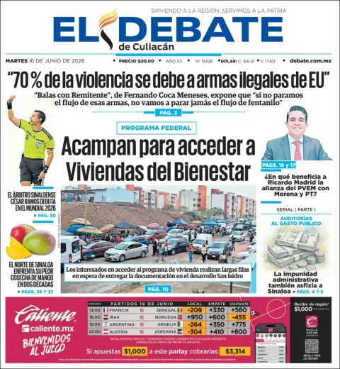 Portada de El Debate de Culiacan del martes, 16 de junio de 2026
