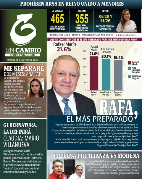 Portada de En Cambio - Quintana Roo (portada) del martes, 16 de junio de 2026