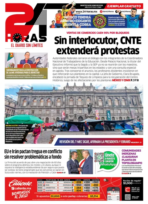 Portada de 24 Horas del martes, 16 de junio de 2026
