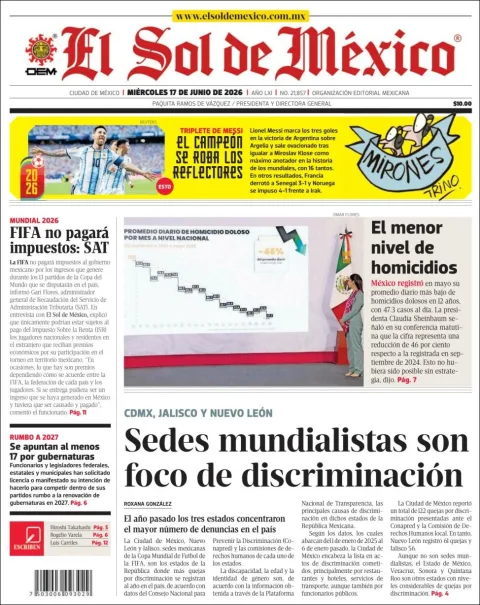Portada de El Sol de Mexico del miércoles, 17 de junio de 2026