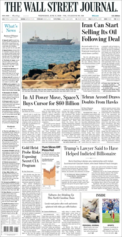 Portada de The Wall Street Journal del miércoles, 17 de junio de 2026