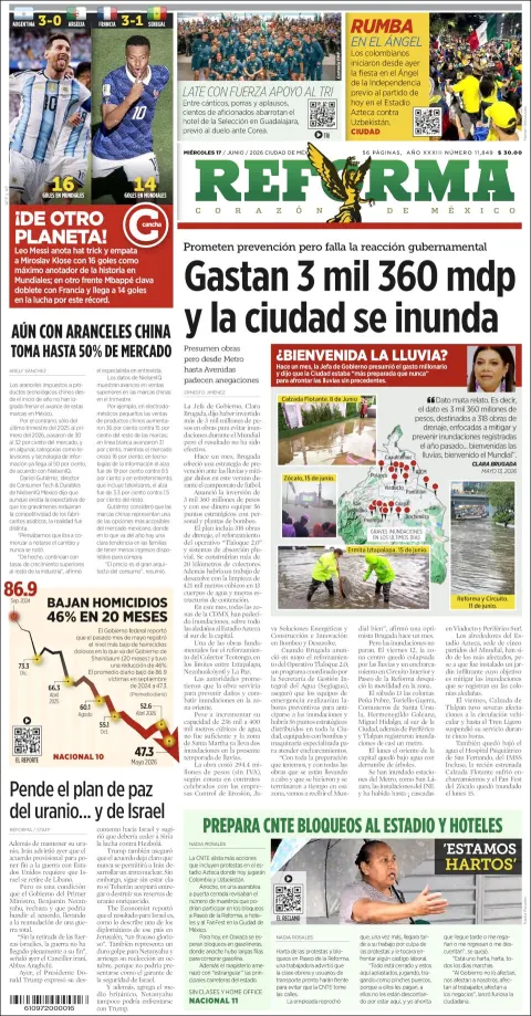 Portada de Reforma del miércoles, 17 de junio de 2026