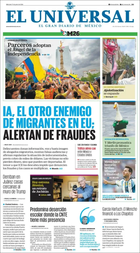 Portada de El Universal del miércoles, 17 de junio de 2026
