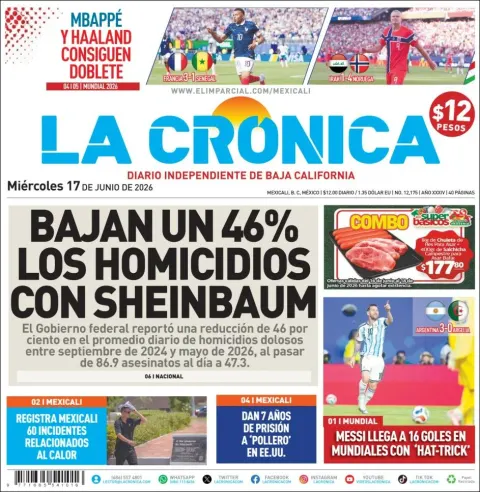 Portada de La Cronica del miércoles, 17 de junio de 2026