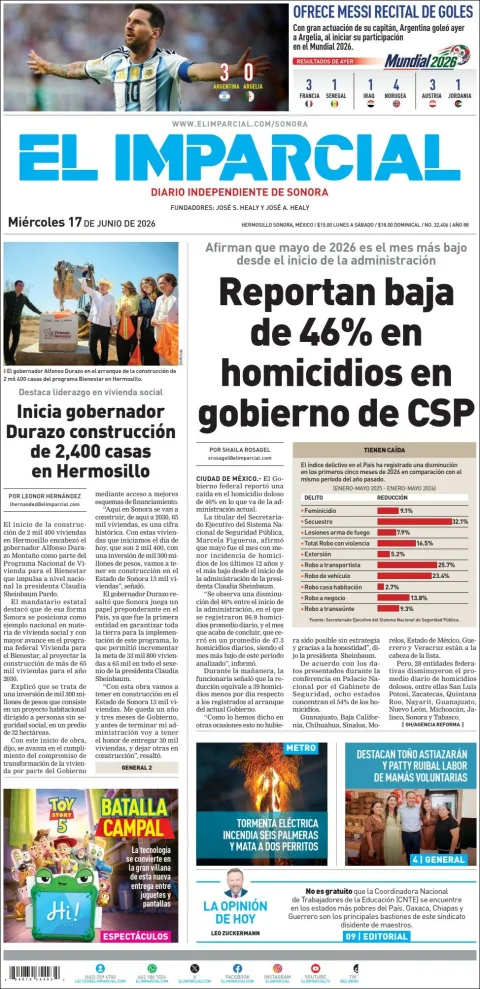 Portada de El Imparcial del miércoles, 17 de junio de 2026