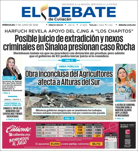 Portada de El Debate de Culiacan del miércoles, 17 de junio de 2026