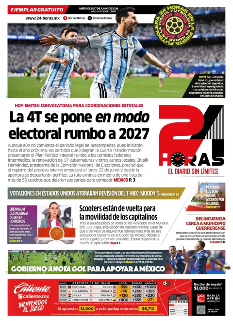 Portada de 24 Horas del miércoles, 17 de junio de 2026