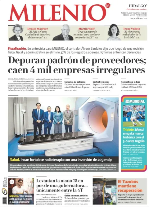 Portada de Milenio Hidalgo del miércoles, 17 de junio de 2026