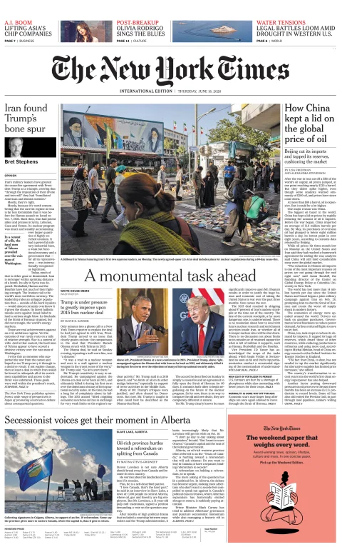 Portada de The New York Times (international) del jueves, 18 de junio de 2026