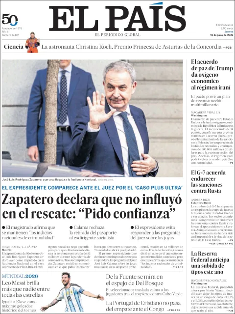 Portada de El Pais del jueves, 18 de junio de 2026