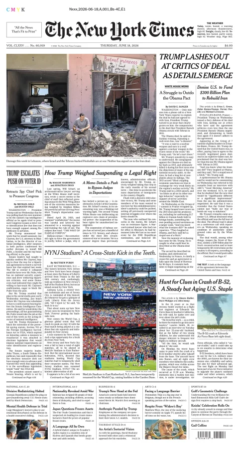 Portada de The New York Times (new York) del jueves, 18 de junio de 2026