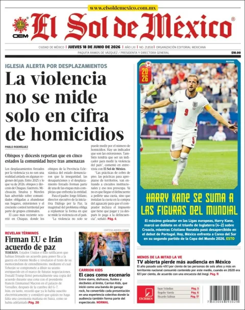 Portada de El Sol de Mexico del jueves, 18 de junio de 2026