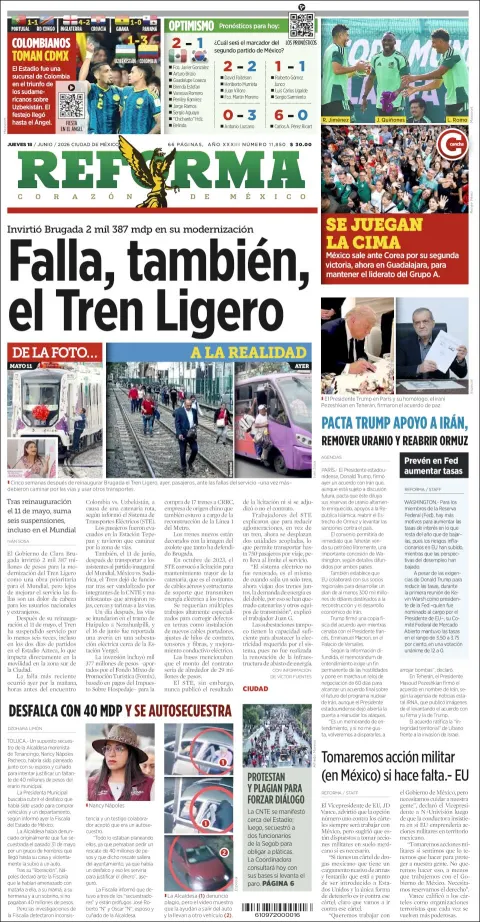 Portada de Reforma del jueves, 18 de junio de 2026