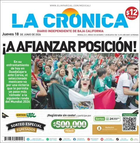 Portada de La Cronica del jueves, 18 de junio de 2026