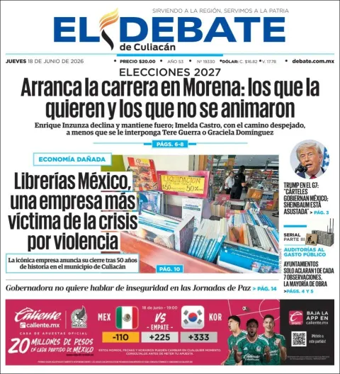 Portada de El Debate de Culiacan del jueves, 18 de junio de 2026