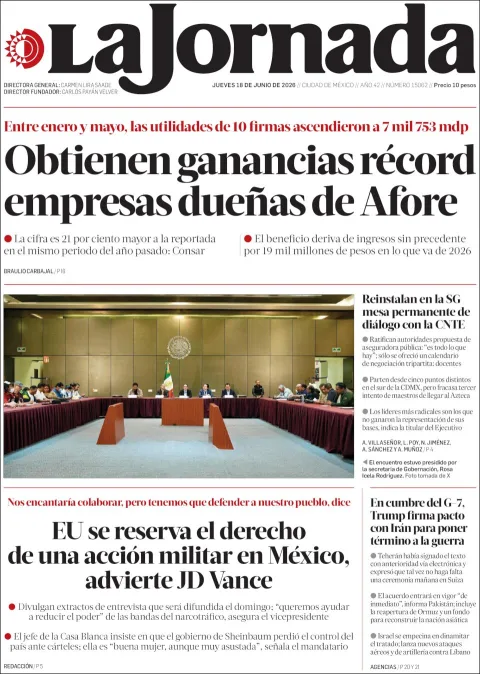 Portada de La Jornada del jueves, 18 de junio de 2026