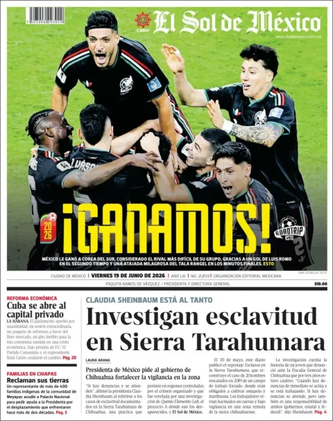 Portada de El Sol de Mexico del viernes, 19 de junio de 2026