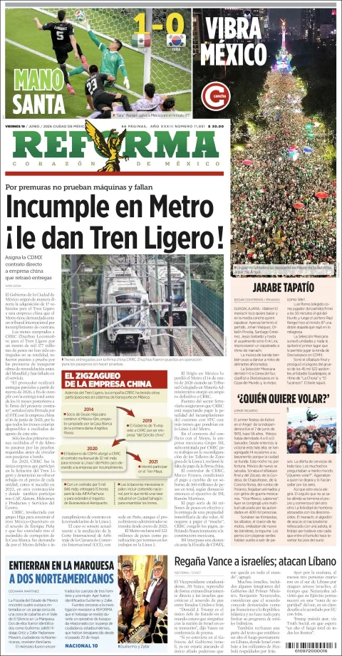 Portada de Reforma del viernes, 19 de junio de 2026