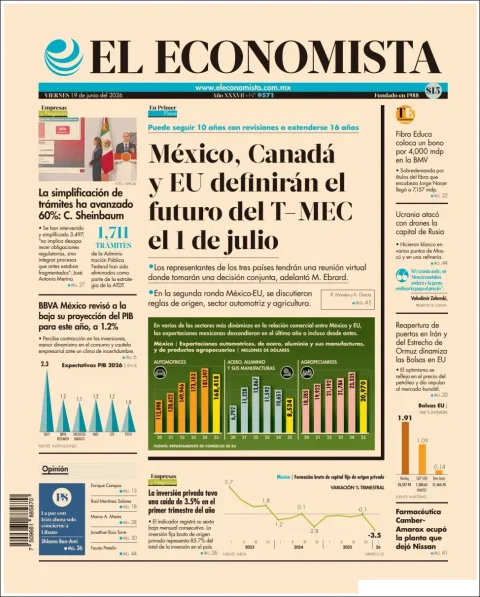 Portada de El Economista del viernes, 19 de junio de 2026
