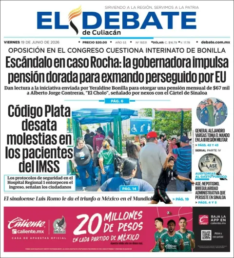 Portada de El Debate de Culiacan del viernes, 19 de junio de 2026