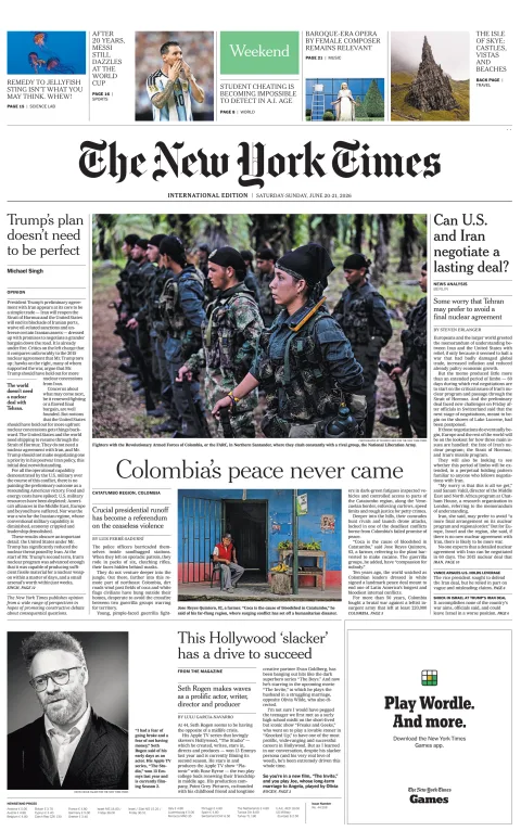 Portada de The New York Times (international) del sábado, 20 de junio de 2026