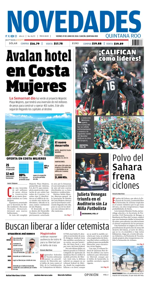 Portada de Novedades Quintana Roo del viernes, 19 de junio de 2026