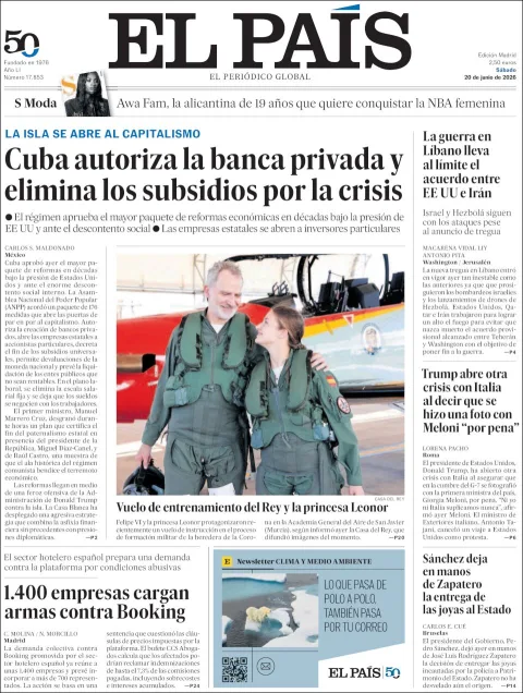 Portada de El Pais del sábado, 20 de junio de 2026