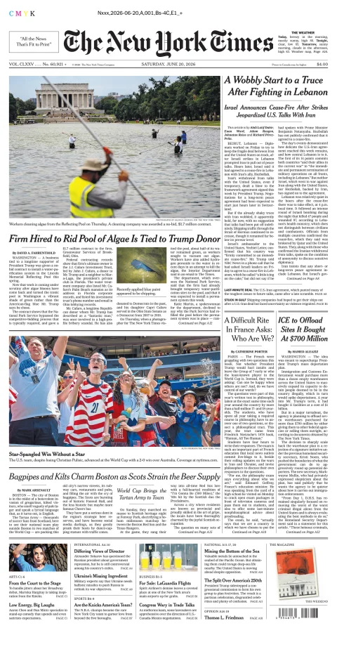 Portada de The New York Times (new York) del sábado, 20 de junio de 2026