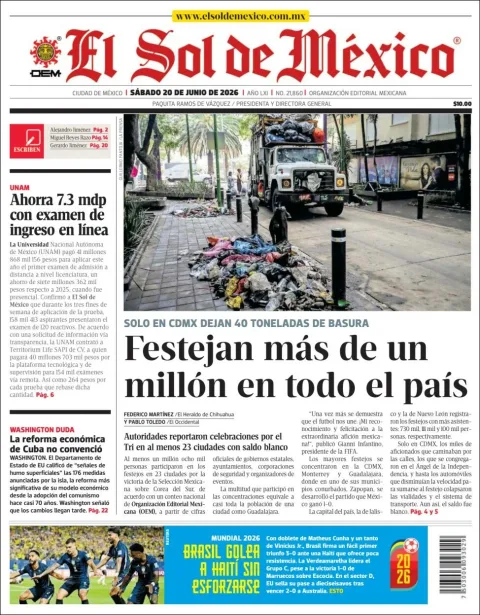 Portada de El Sol de Mexico del sábado, 20 de junio de 2026