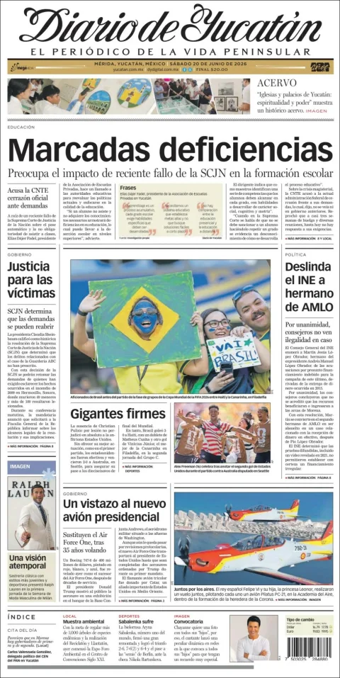 Portada de Diario de Yucatán del sábado, 20 de junio de 2026