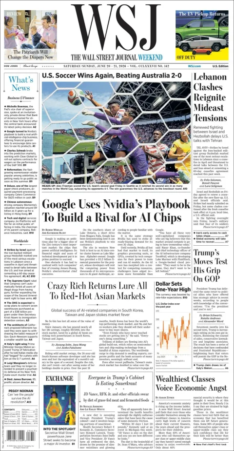 Portada de The Wall Street Journal del sábado, 20 de junio de 2026
