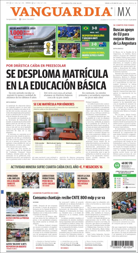 Portada de Vanguardia del sábado, 20 de junio de 2026
