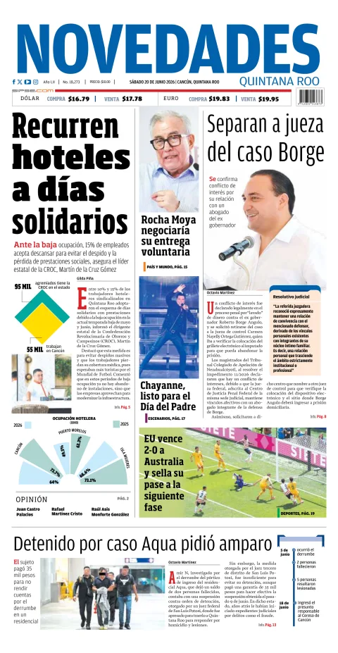 Portada de Novedades Quintana Roo del sábado, 20 de junio de 2026