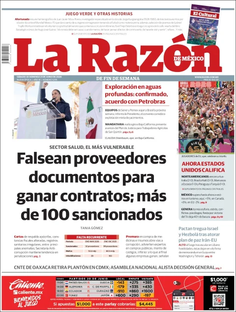 Portada de La Razon del sábado, 20 de junio de 2026
