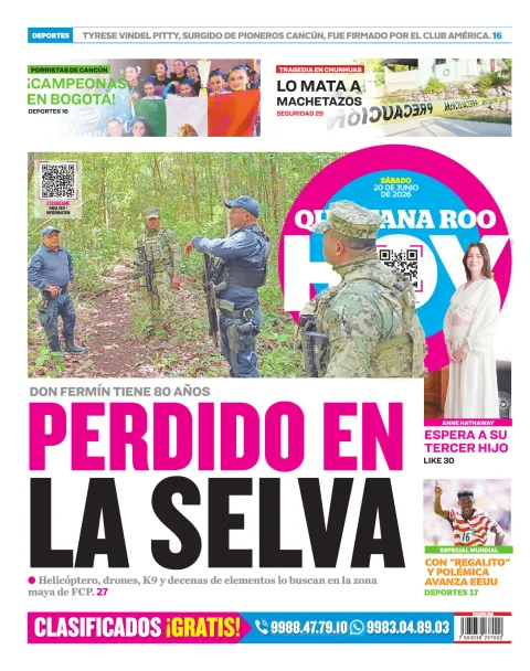 Portada de Quintana Roo Hoy (contraportada) del sábado, 20 de junio de 2026