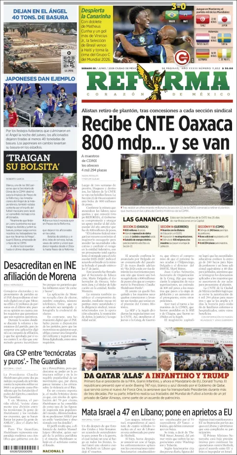 Portada de Reforma del sábado, 20 de junio de 2026
