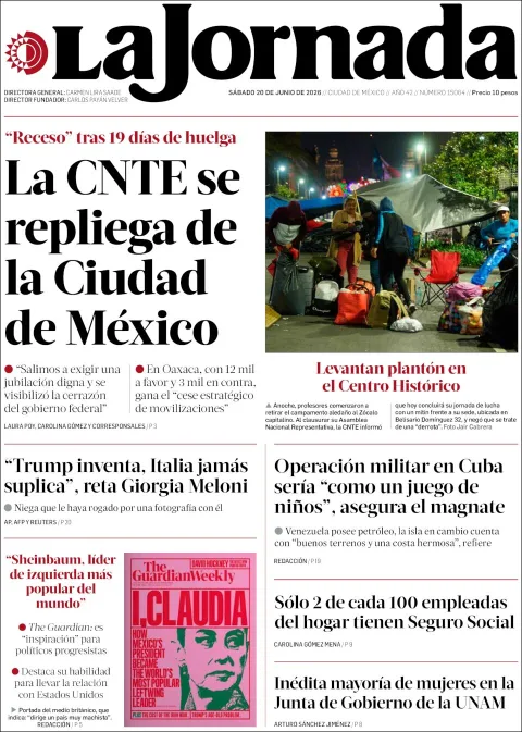 Portada de La Jornada del sábado, 20 de junio de 2026