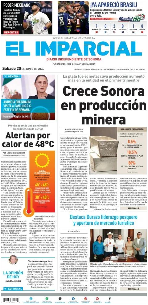 Portada de El Imparcial del sábado, 20 de junio de 2026