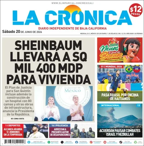 Portada de La Cronica del sábado, 20 de junio de 2026
