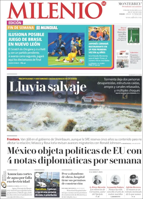 Portada de Milenio del sábado, 20 de junio de 2026