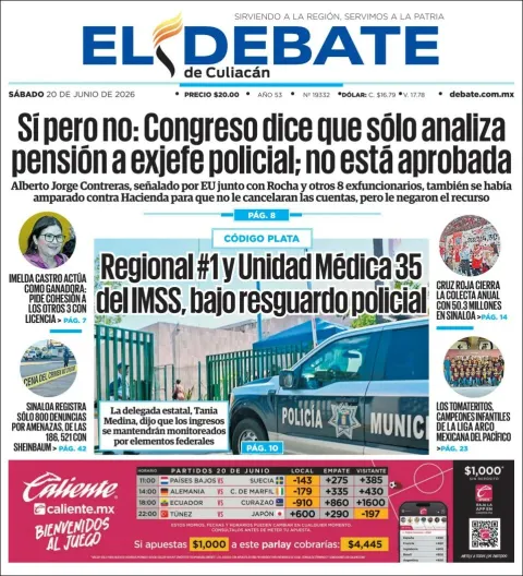 Portada de El Debate de Culiacan del sábado, 20 de junio de 2026