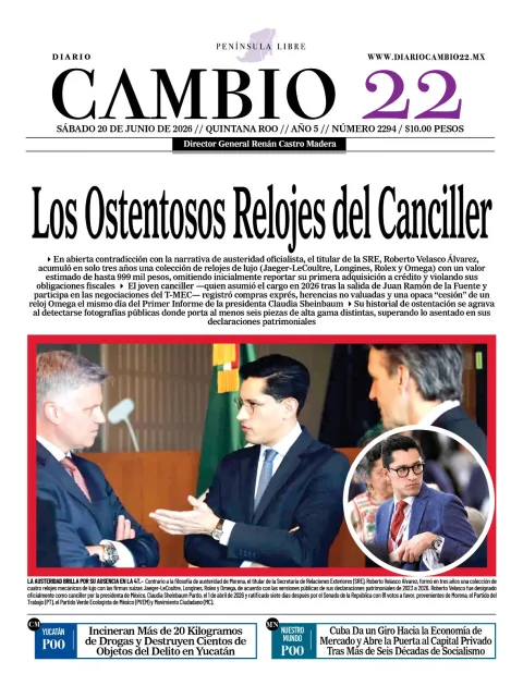 Portada de Diario Cambio 22 (contraportada) del sábado, 20 de junio de 2026