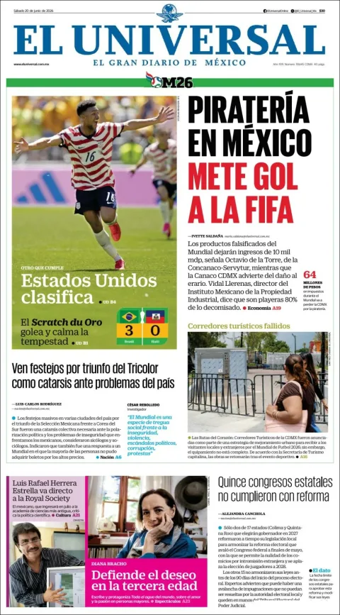 Portada de El Universal del sábado, 20 de junio de 2026
